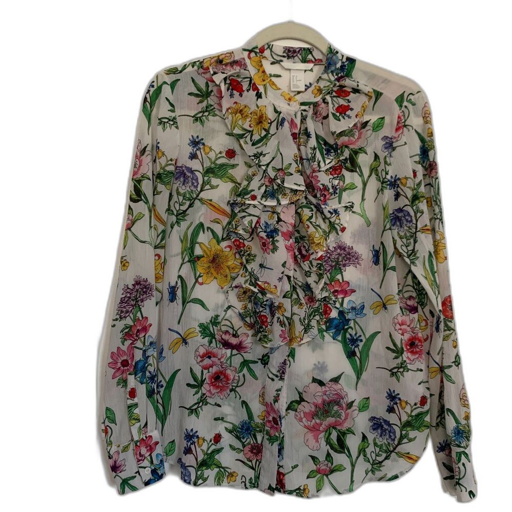 H&M Women Blouse Sz 8 Beige Floral Botanical Plumeti Chiffon Stand Up Collar